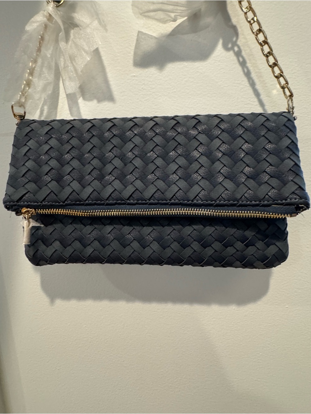 Sole Society Woven Vegan Leather Fold-Over Crossbody Clutch - Navy Blue